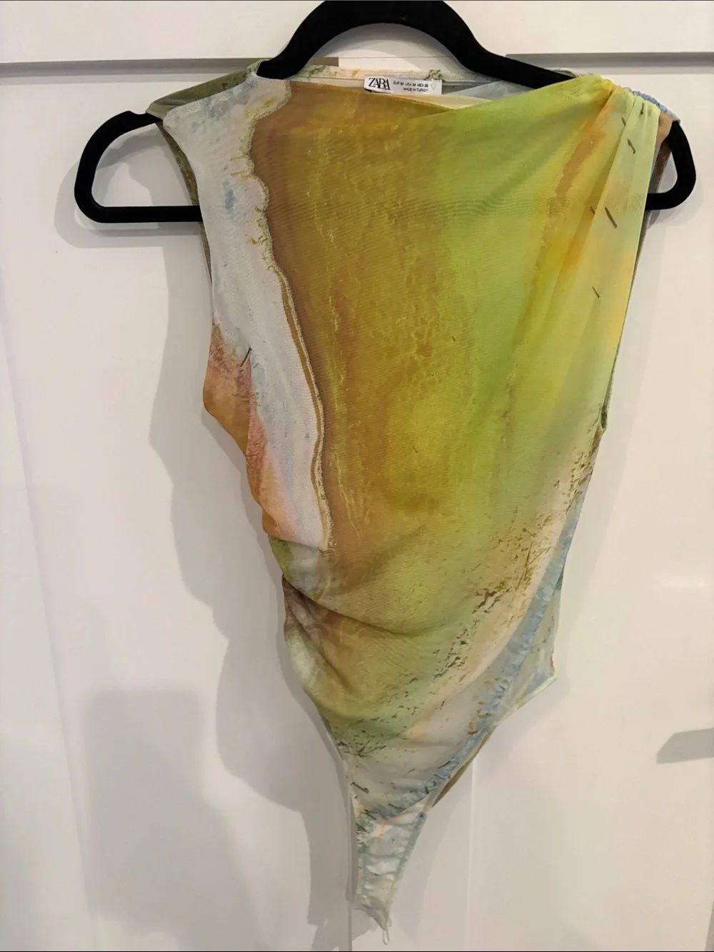 Zara Yellow-Green Sheer Abstract Draped Top - Picture 1 of 3